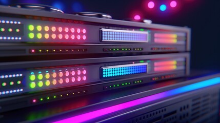Close-up of Server Rack with Colorful LED Lights in Data Center