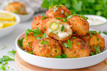 Fototapeta premium A plate of fried food with a piece missing