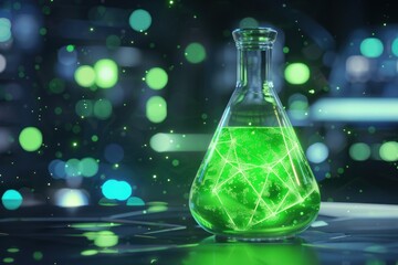 Low poly science chemical flask with glowing green liquid, future technology business medicine