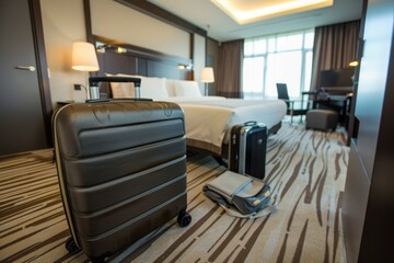Luggage suitcase bag in a modern business hotel room