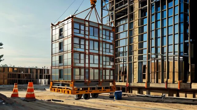A construction site with a crane lifting and placing a modular building segment. The precision and coordination involved in modern construction techniques under clear sky
