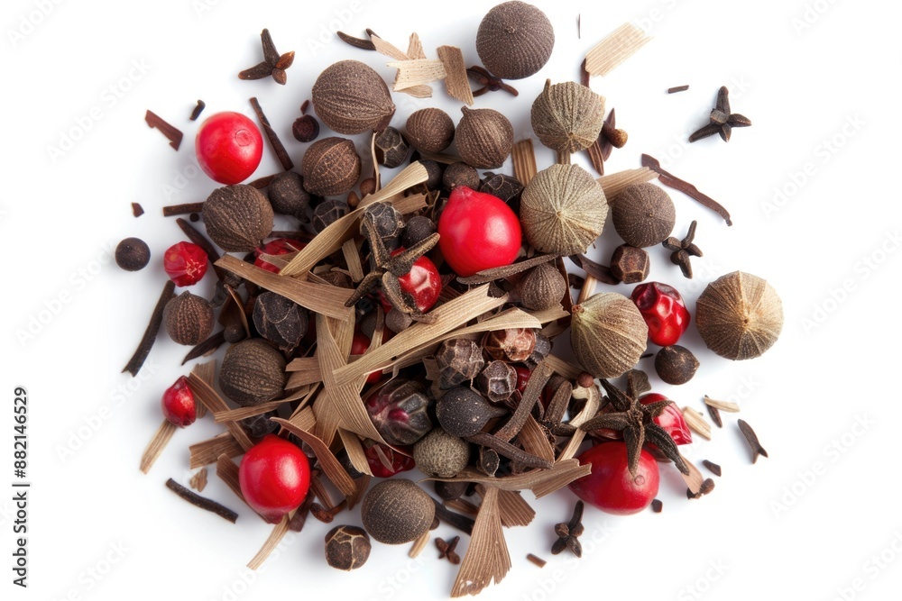 Poster a selection of whole cloves and peppercorns displayed on a white surface