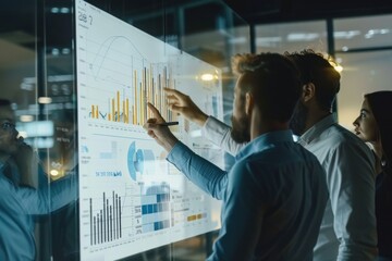 A business team reviews data on multiple digital screens in a modern office.