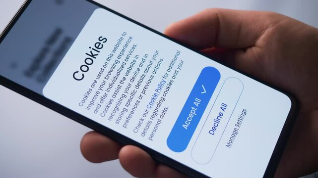 Accept web cookies on a smartphone. General Data Protection Regulation GDPR in the EU. Fictional Interface.
