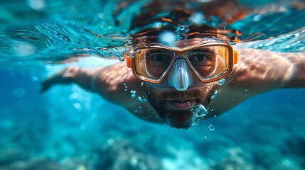 Naklejka premium A male swimmer with goggles dives underwater, showcasing the dynamic movement and clarity of the water illuminated by sunlight.
