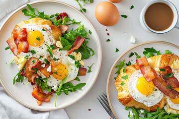 Two plates of bacon and egg croissants on a white table