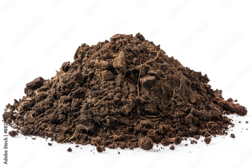 Poster a close-up shot of a pile of dirt on a white surface, suitable for use in still life photography or 