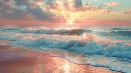 Tranquil beach scene with calm waves and a soft sunset, peaceful and beautiful