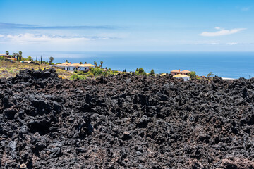 Huge amount of volcanic rock formed by lava in the recent eruption of the Cumbre Vieja volcano, La...