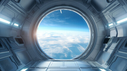 Obraz premium Futuristic spaceship interior view of earth and clouds.