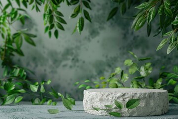 Natural stone and concrete podium in Natural green background for Empty show for packaging product presentation