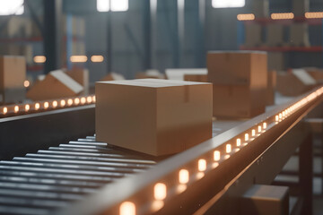 Cardboard boxes on conveyor belt in a distribution warehouse.