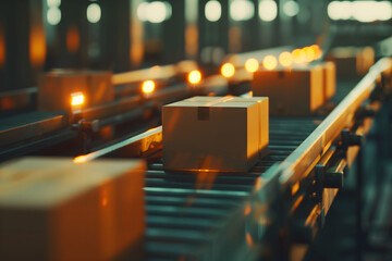 Cardboard boxes on conveyor belt in a distribution warehouse.