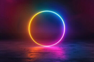 Neon rainbow color circle on a dark background. Mockup for logo