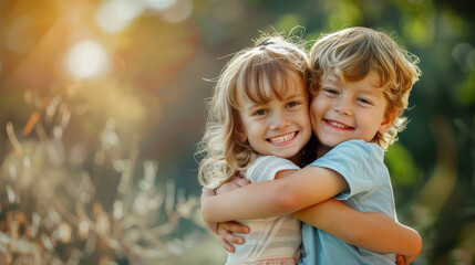 Obraz premium child girl and boy, childhood brother and sister love, family