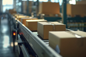 Cardboard boxes on conveyor belt in a distribution warehouse.