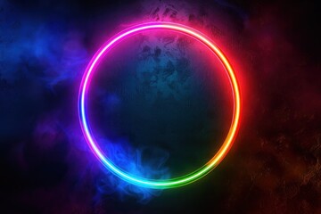 Obraz premium Neon rainbow color circle on a dark background. Mockup for logo