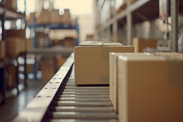 Cardboard boxes on conveyor belt in a distribution warehouse.