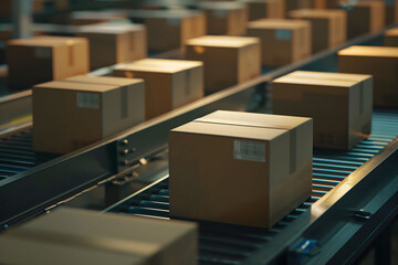 Cardboard boxes on conveyor belt in a distribution warehouse.