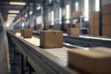 Cardboard boxes on conveyor belt in a distribution warehouse.