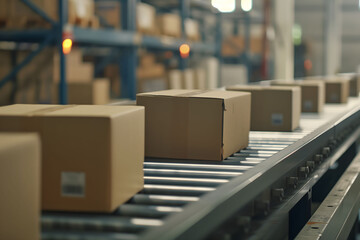 Cardboard boxes on conveyor belt in a distribution warehouse.