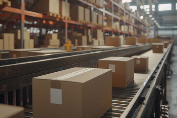 Cardboard boxes on conveyor belt in a distribution warehouse.