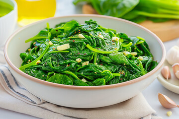 A bowl of green spinach salad with garlic and parsley