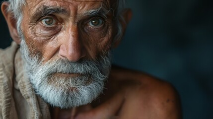 A wise elderly man with distinct features and an attractive appearance, conveying wisdom and goodness in his gaze, with his torso visible and a serious, thoughtful expression