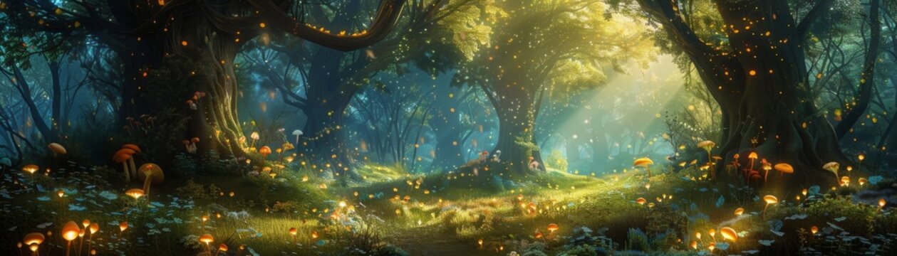 Whimsical fairy-tale forest with glowing mushrooms and magical creatures, enchanting and imaginative
