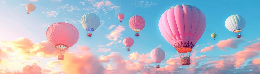 Whimsical pastel-colored hot air balloons floating in the sky, playful and dreamy