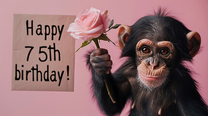 A charming monkey holds a rose and a card reading "Happy 75th Birthday." The playful scene blends sweetness and celebration, perfect for marking a special milestone with warmth and joy