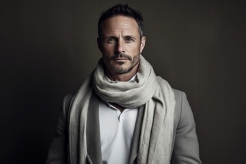 Obraz premium Portrait of a tender man in his 40s wearing a chic cardigan over bare monochromatic room