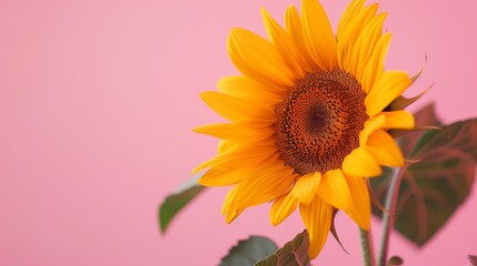 Obraz premium Vibrant yellow sunflower against a pink background, showcasing the beauty of nature and the contrast of colors. Perfect for summer themes.
