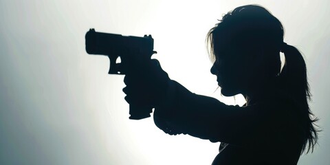 A woman is depicted holding a gun in a dramatic silhouette