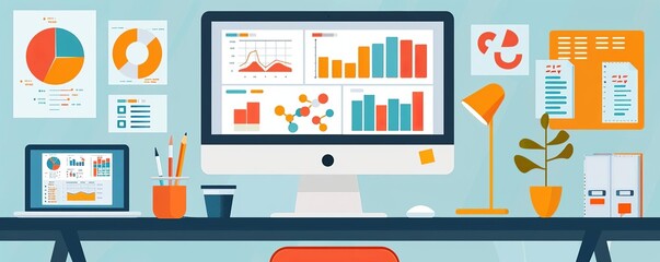 Obraz premium Data control innovations, flat design, front view, insight theme, cartoon drawing, colored pastel