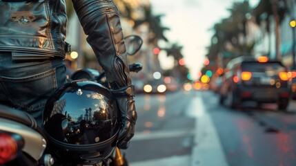 Motorcycle riders stand beside busy city streets, holding helmets, capturing vivid images of urban life and traffic dynamics