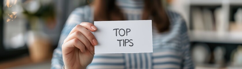 Person holding a card with the text 'Top Tips'. Ideal for business and advice-related content. Blurred background for emphasis.
