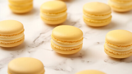 Yellow French Macarons cakes, laid out in a stylish mold that exudes elegance and sophistication
