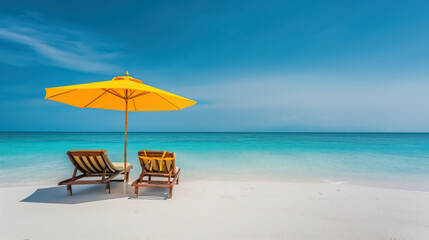Two beach loungers under a striking yellow beach umbrella, set against the backdrop of a tranquil beachscape