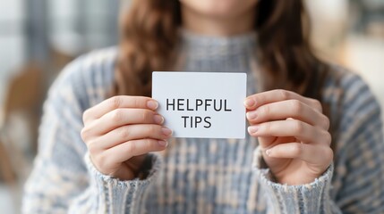Person holding card with 'Helpful Tips' text, wearing a casual sweater. Concept of advice, guidance, and supportive information.