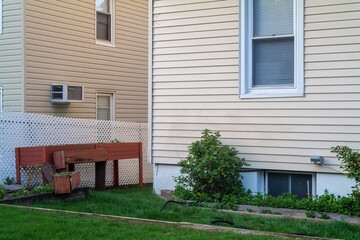 A home backyard with a yard . High quality photo