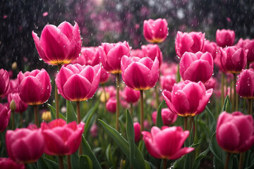 Fototapeta premium Vibrant Pink tulip garden, with each flower appearing to dance in the rain, their petals adorned with glittering water droplets. Generative ai