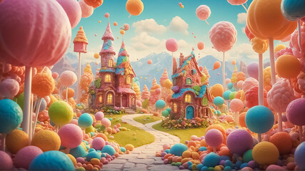 Sugar-Coated Dreams. Enchanting Candyland Wonderland with Lollipops, Gumdrops, palace and Candy Canes. Indulge in the Magic of Candyland - Where Every Sweet Craving Comes to Life