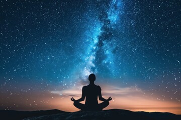 Silhouette of a person meditating against a backdrop of a star-filled night sky