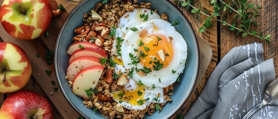 A breakfast bowl with whole grains, topped with sliced apples and a poached egg, is a perfect way to start the day