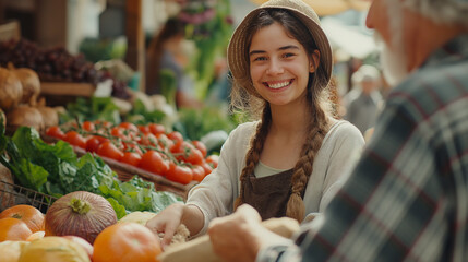 Fototapeta premium Cheerful Elderly Man Selling Fresh Organic Produce: Sunny Farmers Market Scene With Colorful Vegetables And Fruits Creating Vibrant Atmosphere