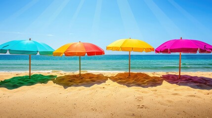 Vibrant beach umbrellas casting colorful shadows on golden sand under a clear blue sky