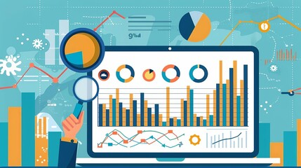 Market analysis strategy, flat design, front view, financial theme, animation, vivid