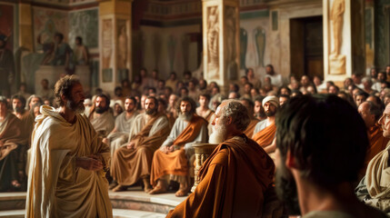 Ancient philosophers speaking to audience in a historical setting