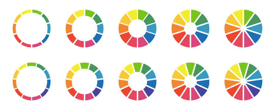 Donut color charts, pies segmented on 10, 11 equal parts. Diagrams infographic multicolored set. Wheels divided in ten, eleven sections. Circle section graph. Pie, pizza chart round icon. Loading bar.